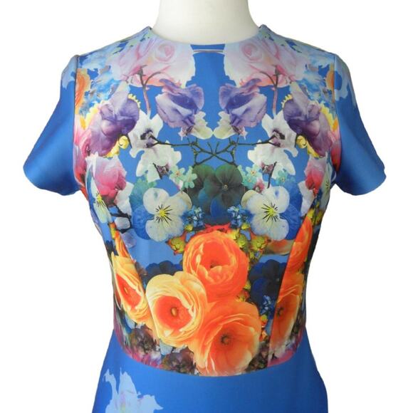 Neiman Marcus Short Sleeve Floral Scuba Dress Blue Multi Sheath medium - Picture 2 of 7
